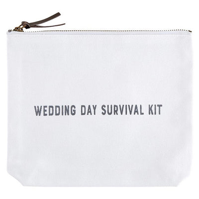 The Wedding Day Survival Kit Bag is a canvas pouch with a leather zipper perfect for throwing in your lipstick, phone, jewels, cash, cords and more! This bag is perfect for carrying the essentials on your big day!