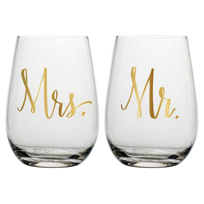 The Mr. and Mrs. Wine Glass Set are great for celebrating the happy couple. The set of stemless 20 oz clear wine glasses feature "Mr." and "Mrs." in gold lettering! Perfect for wedding gifts, engagement parties, or a must have couple’s shower gift! The set is attractively packed together, ready to give!