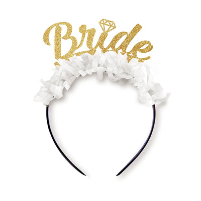 This White Bride Headband is perfect for the Bride To Be at her Bachelorette Party or Bridal Shower! This crown makes a lovely engagement gift and is such an easy way to make an outfit festive and fun. The fringe is made of fluffy, colorful tissue paper or metallic tinsel. The crown is made on a black plastic headband that is flexible and comfortable to wear.