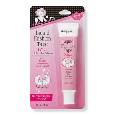 Hollywood Fashion Secrets Liquid Fashion Tape.  Hold up everything, from garments to glitter! Our dermatologist-tested liquid body adhesive is perfect for securing clothes, leotards, socks, wigs, costumes, straps, body jewelry and more!