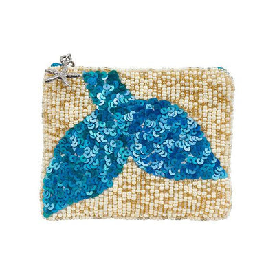 Beaded Mermaid Tail Azure Coin Bag.  Our best selling azure Mermaid Tail has been redesigned as a beaded coin purse. Silver starfish charm details the zipper.  Hand beaded by artisans in India, this coin pouch is perfectly sized for credit cards and cash