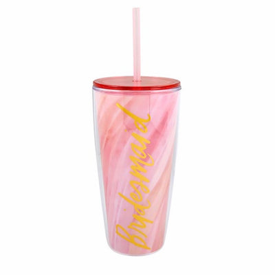 These adorable Bridesmaid Tumblers feature a pink swirl design and gold writing.  Such a super cute gift for your bridesmaids from your bachelorette trip to your big day!  Acrylic double-wall keeps drinks cooler for longer. Pink straw is included.  Pair with our “I’m the Bride” Water Bottle for a great party!