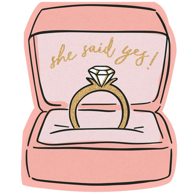 The “She Said Yes” Party Napkins make a fun and stylish shaped party napkin! These napkins are ring box shaped with an engagement ring graphic and silver foil design! These are great for engagement parties, bachelorette parties, or even rehearsal dinners! 