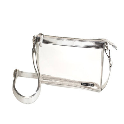 Our crossbody features a clear PVC body with classic accents of Vegan Leather and gold hardware. The main zippered compartment is perfect for securely storing your personal items. Easily convert your accessory from a crossbody to a clutch with the adjustable and detachable Vegan Leather strap.