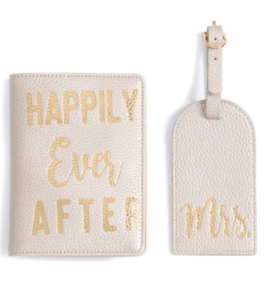 The Bridal passport and Luggage Tag Set in light pink pearl features gold foil printing.  With “Happily Ever After" on the passport holder and "Mrs." on the luggage tag, the set is a perfect gift for our jet setting brides!