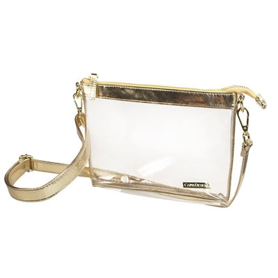 Our crossbody features a clear PVC body with classic accents of Vegan Leather and gold hardware. The main zippered compartment is perfect for securely storing your personal items. Easily convert your accessory from a crossbody to a clutch with the adjustable and detachable Vegan Leather strap.