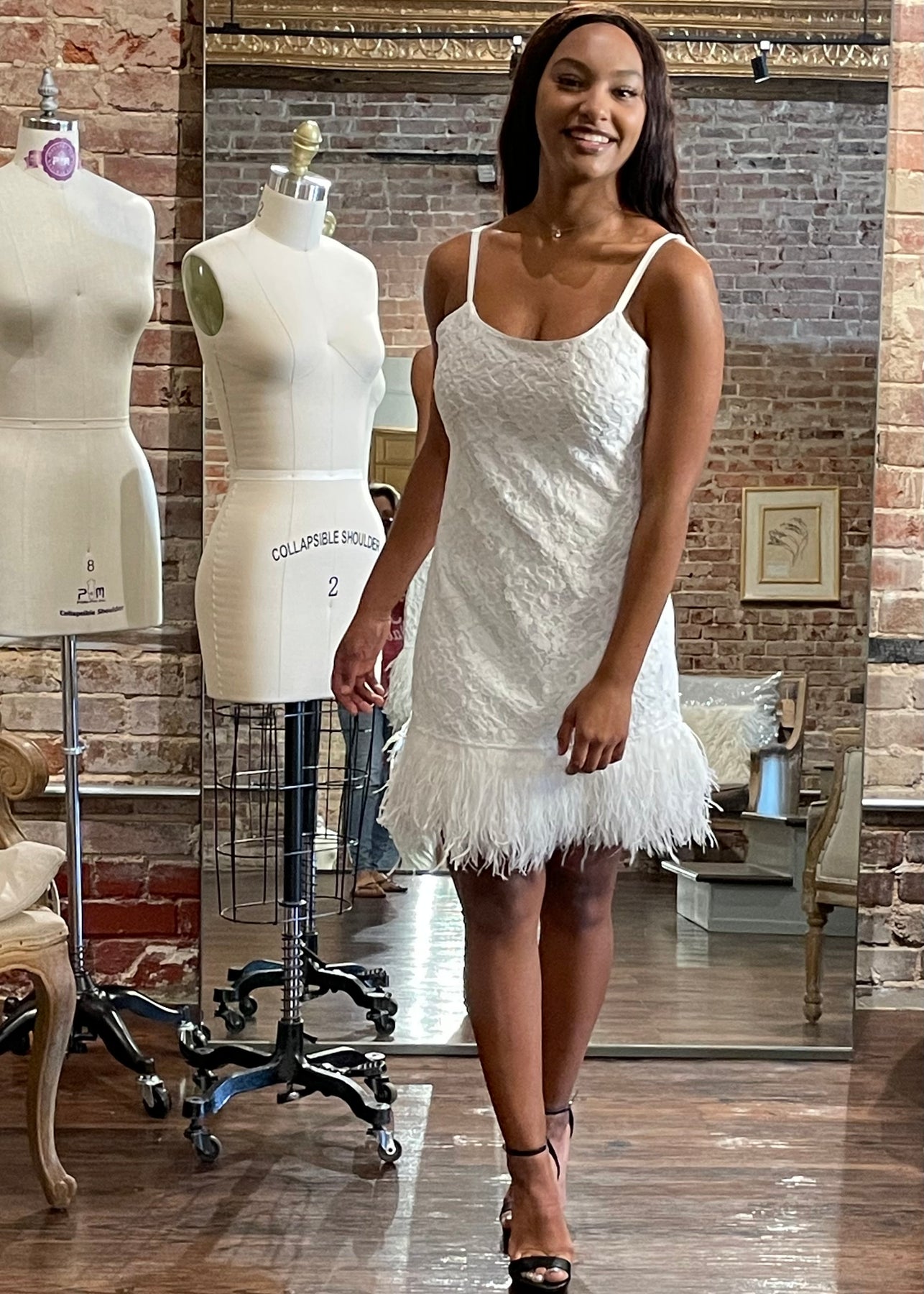 White Lace Dress with Feather Trim URBAN ALTERED White Lace Dress with Feather Trim URBAN ALTERED