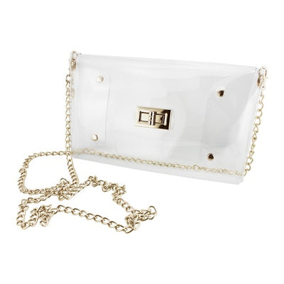 Our stadium compliant crossbody features a clear PVC body with gold hardware accents and a beautifully timeless accent chain. The main compartment featuring a classic envelope construction includes a turn lock closure for securing your personal items within.