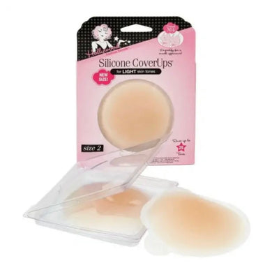 Hollywood Fashion Secrets Silicone Cover Ups Light! Pesky perkies can pop up at the least opportune moments. Meet Secret No. 4, Hollywood Silicone CoverUps®, which are self-adhesive, hypoallergenic and comfortable nipple covers. The contour shape boasts a perfectly engineered tapered edge to give you that ultra-smooth appearance. Light skin tone.