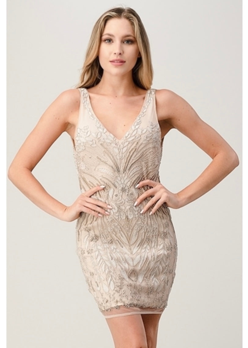 knee length dresses for ladies Champagne Sequin Backless Mini Dress by Chloe Lewis main image 1