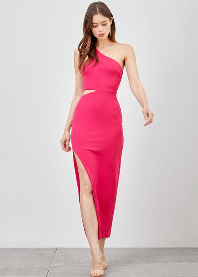 The Pink One Shoulder Maxi Dress with Slit is a statement and looks stunning! The dress features a peek a boo side cut out, is fully lined, and has a side zipper! It is a show-stopping dress for date nights, or a formal dinner!