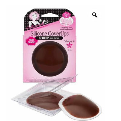 Hollywood Fashion Secrets Silicone Cover Ups Deep! Pesky perkies can pop up at the least opportune moments. Meet Secret No. 4, Hollywood Silicone CoverUps®, which are self-adhesive, hypoallergenic and comfortable nipple covers. The contour shape boasts a perfectly engineered tapered edge to give you that ultra-smooth appearance. Deep skin tone.