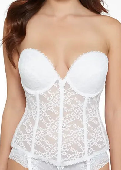 Va Bien White Strapless Lace Corset Bra.  This Bra is gorgeous, as well as, functional!!  The boning creates great lift, while the squeeze of the corset tightens the waist! The hosiery hooks are removable so can be worn simply as a strapless bra.  Beautiful as a set for Bridal Lingerie or Boudoir Photos!  Perfect gift for a Bride!