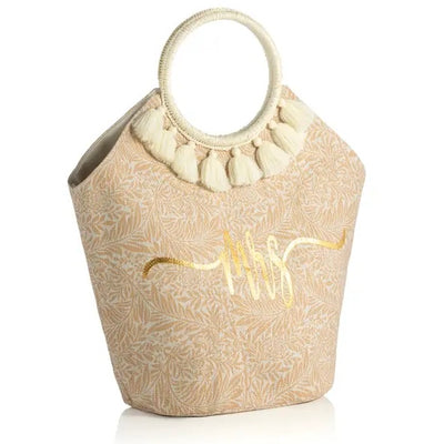 “Mrs.” Tote in Posy Natural Print is a great accessory for all of your wedding essentials