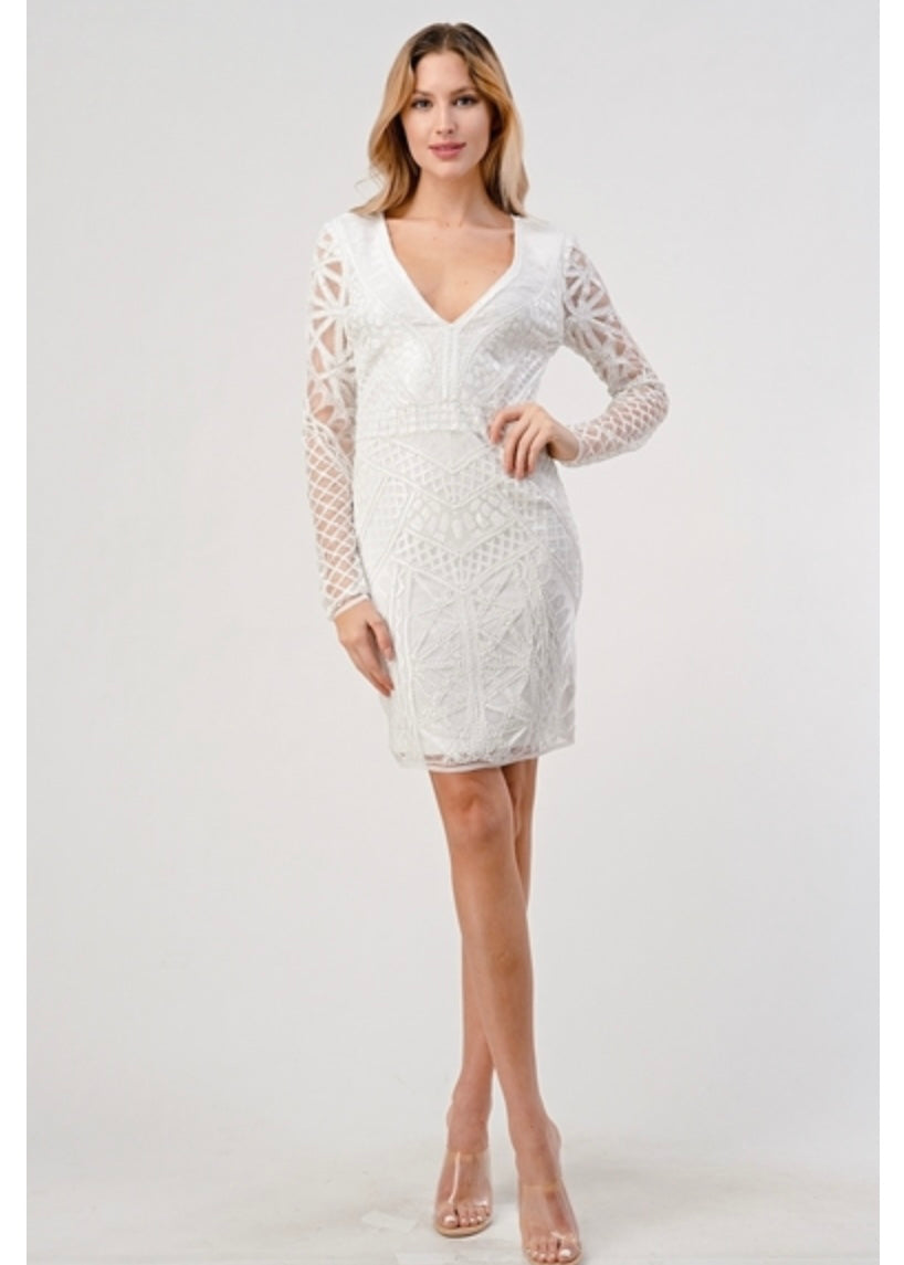 white beaded sequin v-neck mini dress Marbella Sequin Embellished Scoop Neck Mini Dress White main image 1