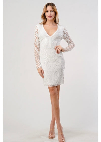 White Long Sleeve Sequin Mini Dress URBAN ALTERED White Long Sleeve Sequin Mini Dress URBAN ALTERED
