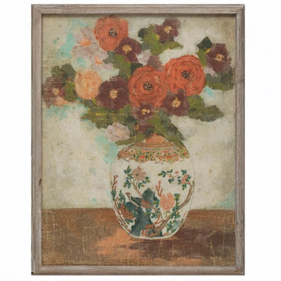 Display this stunning Wood Framed Flower Wall Decor to effortlessly enhance the design of any living space. Bright, vintage-inspired print showcases a painterly print of flowers in a vase, encased in a sleek wood frame.   Dimensions: 20.8 x 1.3 x 26.0