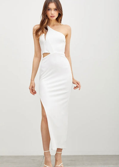 This White One Shoulder Long Dress with Slit is sophisticated, classy, with a little bit of daring! This gorgeous bodycon features a peak a boo side cut out, is fully lined with a side zipper. It is perfect for a reception or bachelorette party! 