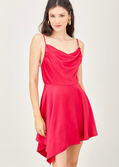 Get noticed in this lipstick red cowl dress! Smooth, silky woven fabric shapes this glam dress featuring a cowl neckline and an an asymmetrical flounce skirt. Adjustable straps make this dress so comfortable. Pair with some heels and hit the town!  