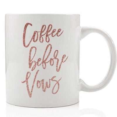 The “Coffee Before Vows” Mug makes a fun gift for the bride to be along with all her bridesmaids! Great for those bachelorette trip mornings, and the wedding day getting ready party pics!  Pink Glitter print is so super cute! 