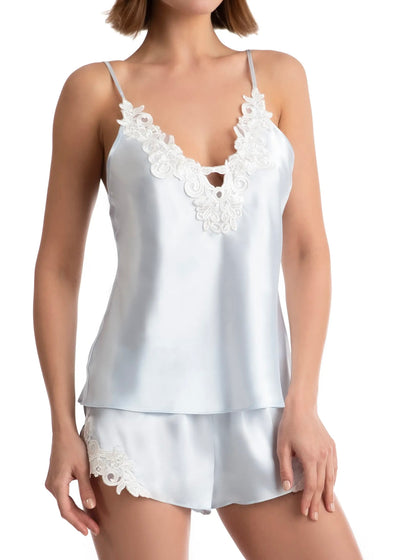 The Bleu Argent Satin Sleep Set features organza-backed lace that highlights the neckline of the cami, as well as, the sides of the shorts.