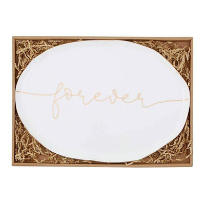 This Serving Platter with Golden “Forever” is a great piece for all your favorite sweet treats!  This classic serving platter with simple gilded details is perfect for your wedding day, as well as, all the parties to come.  Great bridal gifts!