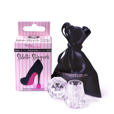 Our Stiletto Stoppers High Heel Protectors prevent high heel stiletto shoes from sinking in the grass! High Heel Stoppers in clear are the perfect solution for the races, garden parties or weddings to avoid that sinking in the grass feeling. Walk tall, and avoid the embarrassment of getting your stilettos stuck in the turf with Secret Weapons diamond faceted high heel protectors.