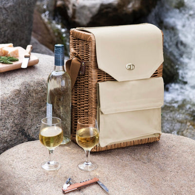 The Corsica Wine and Cheese Picnic Basket's slim profile and adjustable canvas shoulder strap make it the ideal wine and cheese basket for you and your special someone to bring two bottles of wine and a cheese service to your secret watering hole or favorite picnic locale. 