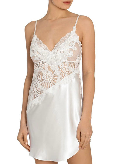 Jonquil Ivory Asymmetric Lace Chemise Nightgown. The sheer floral lace gives a peek at whats beneath this romantic chemise.  The asymmetrical skirt of is made of soft to the touch satin.